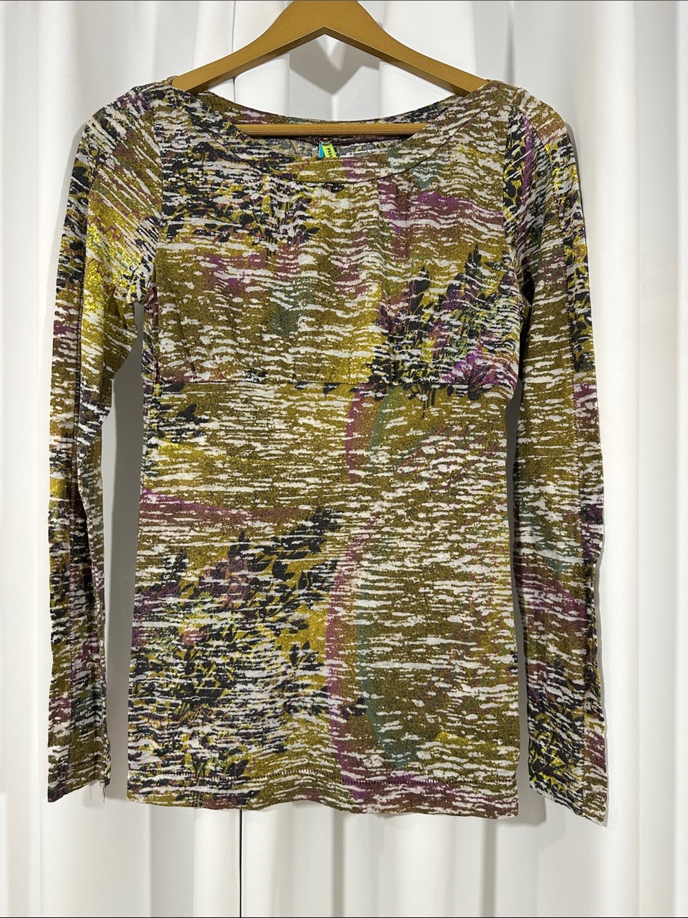 Free People Long Sleeve Printed Top Size M Olive Floral Burnout Stretch Tee